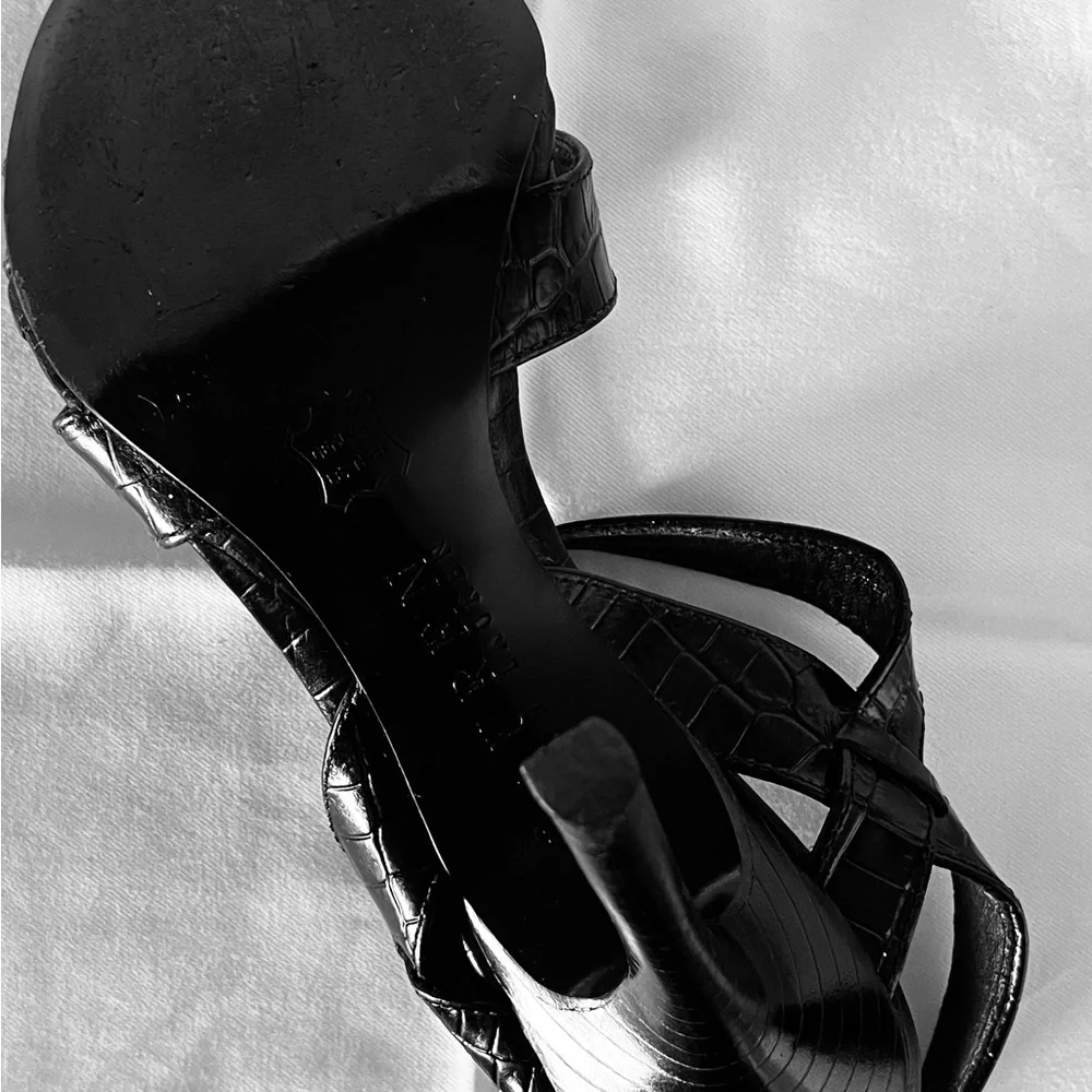 Ralph Lauren Black Genuine Leather Croc Embossed Strappy Heels 8B